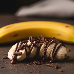 Closeup peeled banana slices drizzled with melted dark chocolate and shavings.