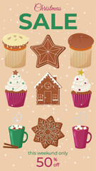 Vertical Sale Banner for Stories with gingerbread house, cupcakes, star, snowflake, cocoa cups, panettone. Christmas sale text on beige background. Vector template design