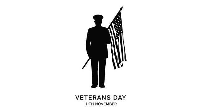 Silhouette of a soldier with american flag honoring veterans day