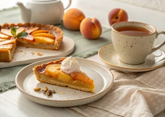 Savoring a warm slice of peach pie on a ceramic plate with herbal tea in a cozy natural setting