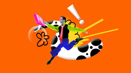 Playful business collage of running man with bright briefcase. Concept of startup presentations,...