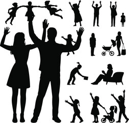 Family and children in playful silhouette scenes, parents and kids bonding together, joyful childhood moments, active happy lifestyle