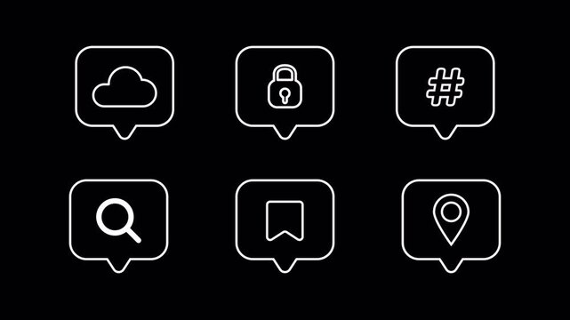 animated cloud lock hashtag magnifying glass save  location icons labels badges line  internet signs video footage alpha channel
