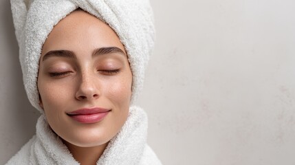 Content young woman in a towel turban unwinding during a facial treatment by a beautician at a spa focused on skincare and beauty
