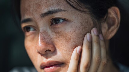 Dermatology stressed young Asian woman touching melasma on her face dealing with skin issues like freckles and sun allergies Beauty and acne treatment