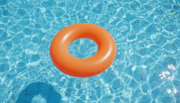 Orange inflatable ring floating in a swimming pool with clear blue water.