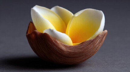 Close-up of a wooden bowl with a flower-like shape. the bowl is made of a light-colored wood, possibly walnut or oak, and has a smooth, polished surface.