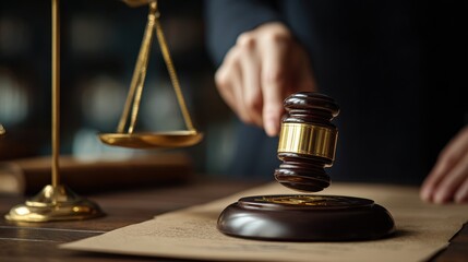 Law and justice theme Woman lawyer in office with scale Female hand holding gavel Legal trial Lawyer notarizing agreement company secretary legitimacy