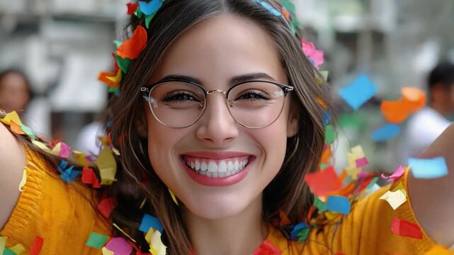 Joyful Celebration Amidst Colorful Confetti: An exuberant individual, adorned with confetti, beaming with pure happiness. Her glasses reflecting the vibrant scene, embracing the spirit of merriment.