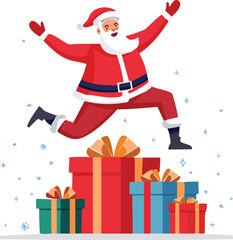 Jolly Santa Claus Leaping Over Holiday Gift Boxes Vector