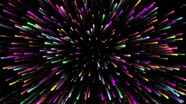 Multicolor light particles bursting outward in slow motion and fading into darkness. Dynamic abstract explosion on a clean black background