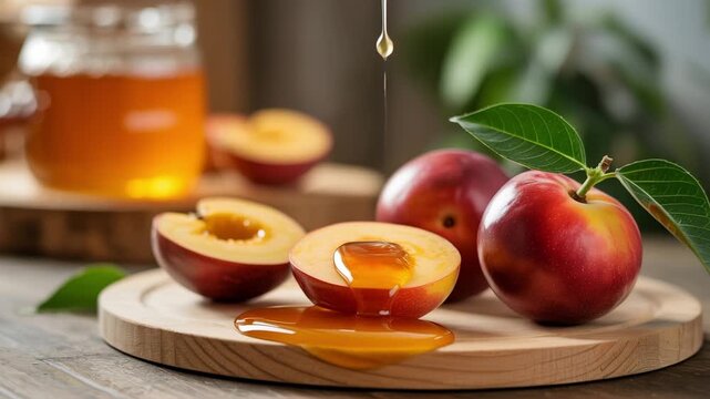 Fresh higo figs drizzled with honey on wooden board closeup view