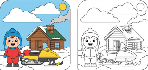 Winter coloring book page for kids: happy boy in warm clothes standing next to a yellow snowmobile in front of a snowy log cabin, vector illustration outline and color version.