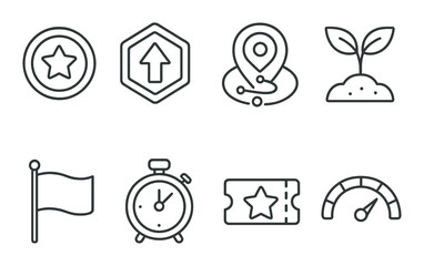 Set of eight simple vector icons on dark background