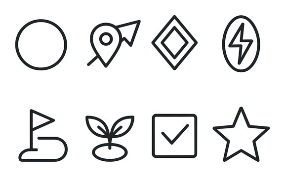 Minimalistic icon set featuring shapes, symbols, and designs on dark background