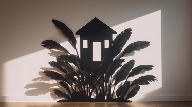 Black silhouette of a house on a white wall. the house is in the shape of a triangle with a pointed roof and a small window on the front.