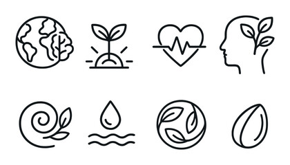 Eco symbols: nature, health, growth, sustainability, ecology icons
