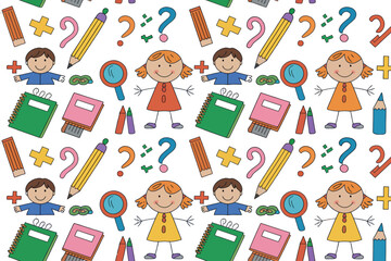 A whimsical pattern featuring cartoon children, school supplies like pencils and magnifying glasses, and basic math symbols, evoking a sense of playful learning and early education.