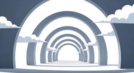 Obraz premium 空に続く白いアーチの連続と浮かぶ雲が創り出す幻想的な明るいトンネルの風景
