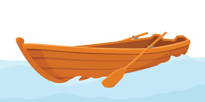 Wooden paddle boat. Cartoon boat. Boat floating on water with waves. Sea, river or lake