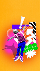 Joyful collage of jumping child in bright clothes with happy emotion. Concept of kids advertising, educational platforms, family campaigns, and playful digital content for apps.