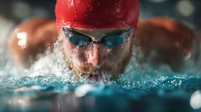 Focus Young competitive swimmer wearing goggles and a red cap training indoors Represents professional sports health stamina strength and active living
