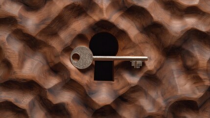 Close-up of a keyhole in a wooden surface. the key is made of metal and has a round, ornate design on the top. it is resting on a small, rectangular hole in the center of the hole.