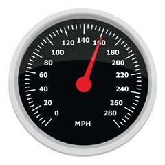 Vector illustration of a round car dashboard with speedometer and tachometer. Speedometer needle points to 160 mph. Car panel display. Isolated on white background. Vector illustration