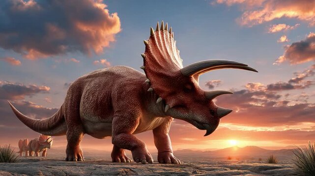Prehistoric Sentinel: A majestic Triceratops roams a landscape beneath a dramatic sky, evoking the grandeur of the prehistoric era. 
