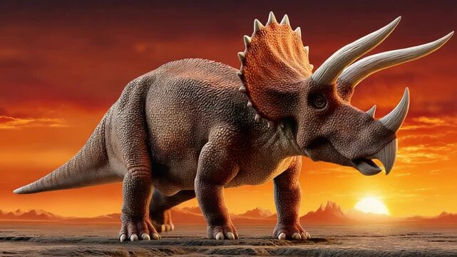 Triceratops Under Sunset: Majestic triceratops with distinctive horns, basking in the warm glow of the setting sun, against a fiery sky.