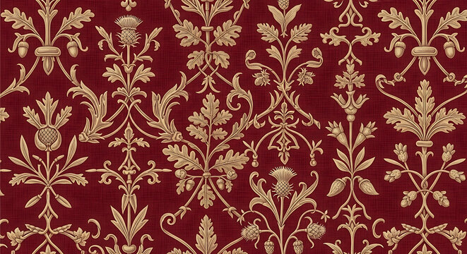 Ornate floral pattern with gold accents on a deep red background creating a vintage aesthetic