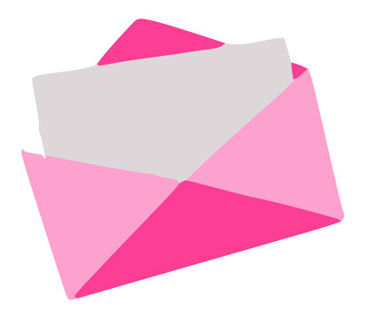 Modern flat design of an open pink envelope holding a message card.