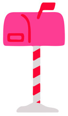 Vibrant pink mailbox with striped pole. Perfect for love, messages, delivery.
