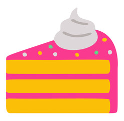 Vibrant cartoon cake slice with pink frosting, sprinkles, and cream. Perfect for celebrations, birthdays, or sweet treat designs.