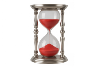 Hourglass with red sand, measuring time and symbolizing deadlines, urgency, and passing moments, transparent background