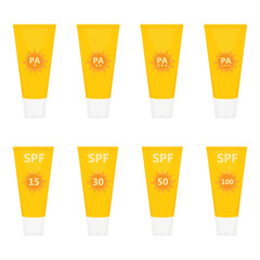 Various SPF level set. Sun cream sunscreen lotion, yellow bottle tube package design collection