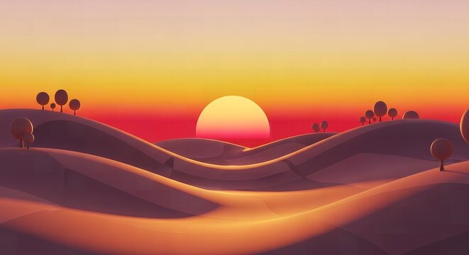 Minimalist desert landscape with a sunset background