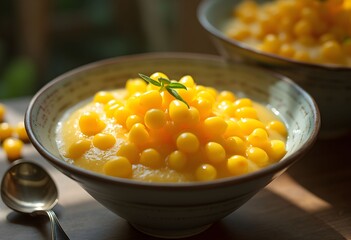 Warm, creamy corn dessert in a rustic bowl, close-up shot.