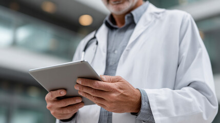 Doctor using a tablet to check patient records.