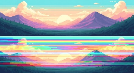 Glitched pastel mountain sunrise pixel art landscape with mirrored reflection.