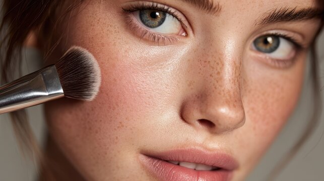 A detailed view of a young woman with flawless skin using a brush to apply highlighter showcasing her beauty ideal for beauty product or makeup tutorial promotion