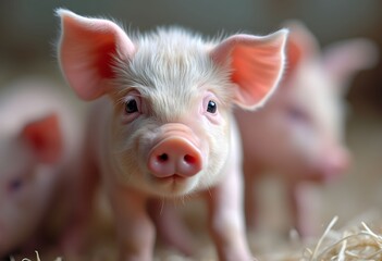 A curious little piglet's gaze on a farm.