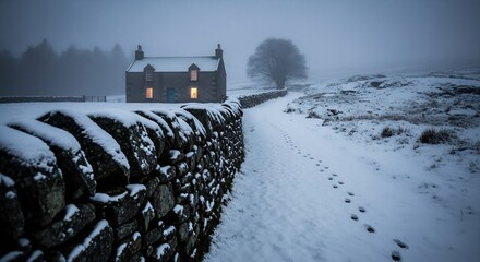 Winter cabin retreat. Snowy landscape with a cozy stone house. Ideal for holiday cards, travel blog or Christmas designs. Rural tranquility, snowy escape concepts.