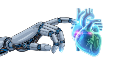 Robotic hand and artificial heart isolated on transparent background
