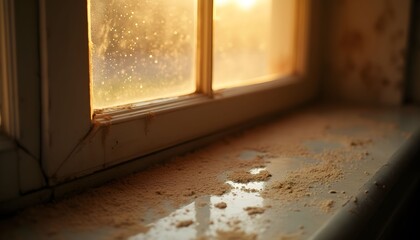 Golden Hour Sunlight Illuminates the Dust on an Old Windowsill