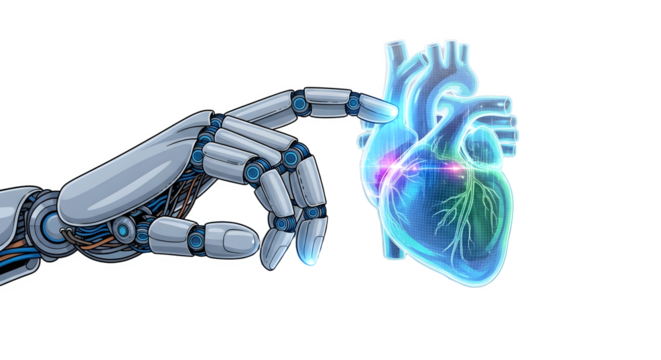 Robotic hand and artificial heart isolated on transparent background