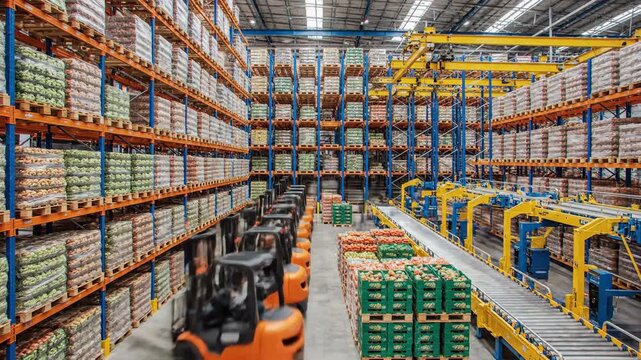 Dynamic produce warehouse scene with forklifts and trucks in motion showing fast paced distribution and logistics in a modern facility
