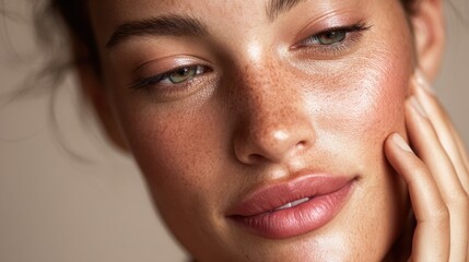 A detailed portrait of a woman with luminous skin softly caressing her face Her impeccable complexion is ideal for beauty and skincare advertising