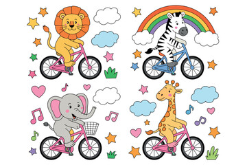 Obraz premium A whimsical collection of cartoon animals, including a lion, zebra, elephant, and giraffe, joyfully riding bicycles through a colorful, playful sky.