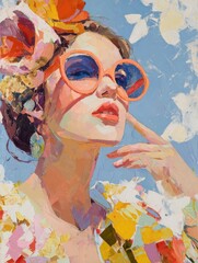 Vibrant Abstract Portrait of a Woman in Bold Orange Sunglasses Against a Bright Sky Today. Canvas, acrylic